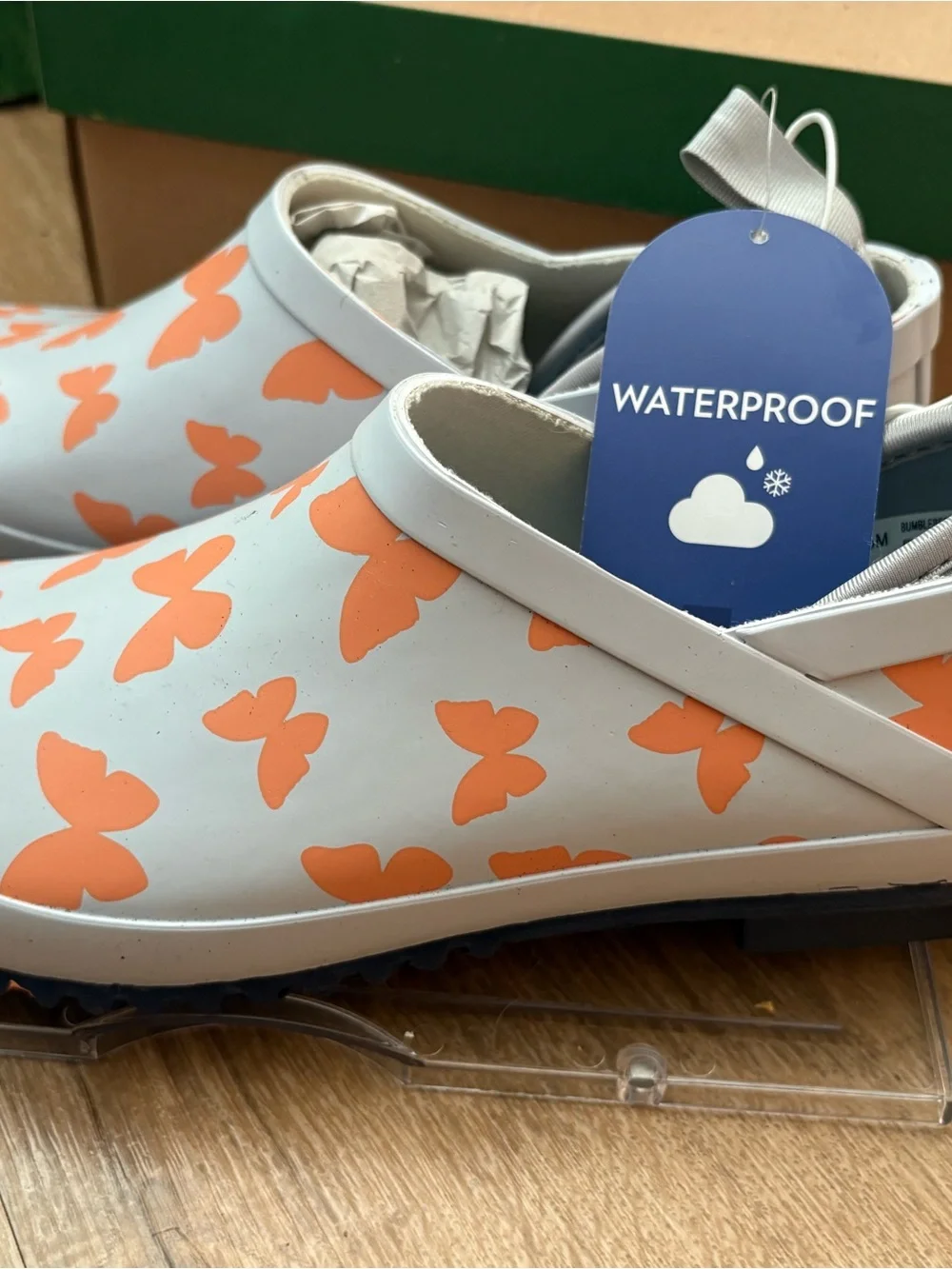 JBU Kids Waterproof Slip-On Boots in Light Gray with Orange Butterfly Print